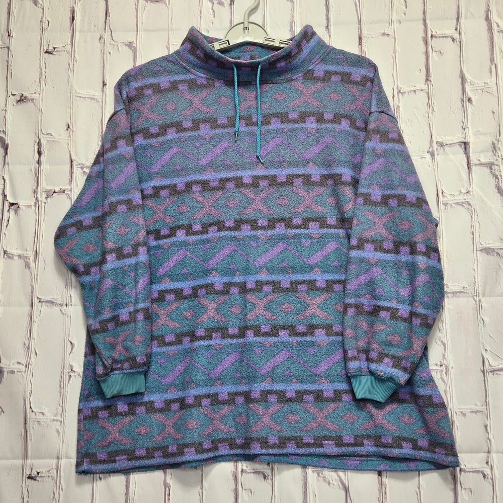 Vintage Eve Ltd Fleece Pullover Aztec Geometric Purple Teal Mock Neck Men 2X XXL